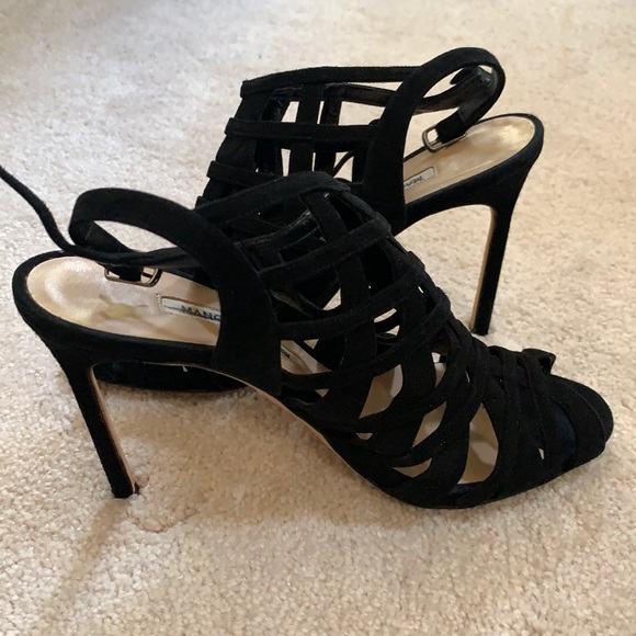 Manolo Blahnik black suede multi strap sandals high heels VGUC 4” size 37 US 7 - Picture 1 of 14